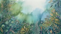 Watercolor botanical illustration featuring lush foliage and delicate plants framing a misty forest landscape, suitable for wall art, home decor, and nature-themed design projects.