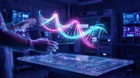 Scientist analyzing glowing DNA double helix hologram in futuristic laboratory with digital interface technology for genetic research and biotechnology applications.