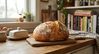 Freshly baked artisan sourdough bread loaf on wooden cutting board in cozy kitchen interior with natural sunlight streaming through window.