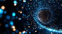 Glowing blue spiral tunnel with bokeh light effects against dark background creates futuristic space portal atmosphere for technology and science concepts.