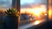 Succulent plant in dark pot on windowsill against golden sunset with lens flare and bokeh lights creating peaceful atmospheric mood for home decor and mindfulness concept.
