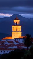 Illuminated white church bell tower rises above red-tiled roofs against dramatic mountain backdrop at dusk, warm golden light contrasting with deep blue stormy sky.