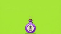 Isolated purple poison bottle with skull and crossbones symbol on bright lime green background, ready for design projects, clipart, and merchandise applications.