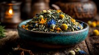 Herbal tea blend with dried flowers and herbs in ceramic bowl on rustic wooden table with warm candlelight creating cozy atmosphere for relaxation.