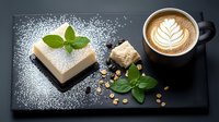 Creamy cheesecake slice dusted with powdered sugar alongside latte art coffee, fresh mint leaves and scattered nuts on dark stone serving board.