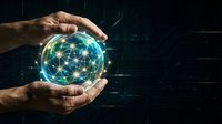 Hands holding glowing digital globe with interconnected network nodes, representing global connectivity, data exchange, and technology innovation for business solutions.