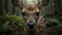 Young deer fawn with spotted coat in natural forest habitat surrounded by green ferns and woodland vegetation for wildlife and nature photography projects.