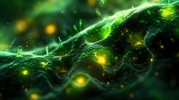 Glowing green and yellow microscopic network with luminescent particles and organic filaments against dark background creates futuristic scientific atmosphere.