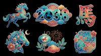Colorful decorative Asian-inspired ornaments featuring horses, numbers, and traditional symbols with intricate patterns, isolated on transparent background for clipart, stickers, sublimation, and print-on-demand designs.