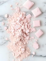 Crushed pink marshmallows and powder scattered on white marble surface creating soft pastel composition with delicate texture and scattered pieces.