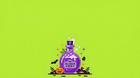 Happy Halloween potion bottle with pumpkin, bat, and spooky elements on bright lime green isolated background for seasonal designs.