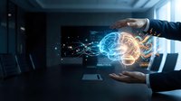 Businessman holding glowing brain hologram with analytical and creative data visualization in modern office workspace for technology and innovation concepts.