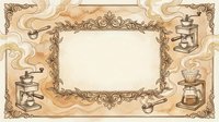 Vintage coffee frame with ornate decorative borders, antique grinders and brewing equipment. Elegant sepia-toned background for cafe menus, labels and designs.