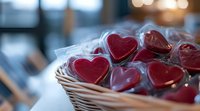 Red heart-shaped cookies wrapped in clear cellophane arranged in woven basket, selective focus with soft bokeh background creates romantic Valentine's Day mood.