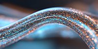 Glowing copper and blue wave with sparkling particles flowing in dark space, abstract macro photography of light trails and bokeh effect creates futuristic mood.