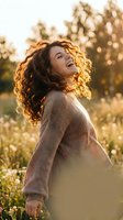 Happy young mixed race woman with curly hair laughing joyfully in golden sunset light wearing cozy sweater in autumn nature outdoor lifestyle portrait.
