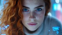 Young redhead woman with freckles and blue eyes in futuristic cyberpunk setting with neon lights and digital interface elements for sci-fi concepts.