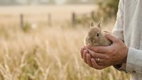 Young rabbit held in farmer's hands against harvested grain field background, suitable for agriculture, farming, and animal husbandry content.
