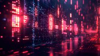 Futuristic digital landscape with glowing red neon grid lines and particles creating cyberpunk atmosphere against dark background, reflective surface adds depth.