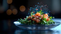 Fresh salmon and herbs on dark plate with water droplets and magical bokeh lights creating elegant culinary atmosphere for restaurant menu design.