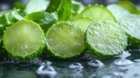 Fresh lime slices with water drops and mint leaves on dark background, macro shot showing juicy citrus texture and vibrant green color for food and drink designs.