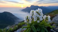 White alpine flowers blooming on mountain peak at golden sunrise with misty valleys and dramatic landscape backdrop for nature photography.