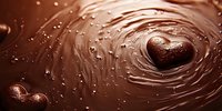 Heart-shaped chocolate candy in swirling melted dark chocolate with ripples and droplets creating romantic mood. Suitable for Valentine's Day promotions and confectionery ads.