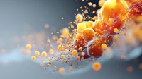 Dynamic orange and yellow spheres floating in luminous wave with glowing particles and bokeh effects on gradient background for modern digital art projects.