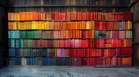 Colorful rainbow arrangement of books on wooden shelves creating vibrant spectrum display, perfect for education, library, or knowledge concepts. Modern bookshelf organization aesthetic.