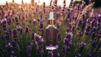 Lavender essential oil dropper bottle surrounded by blooming purple lavender flowers in golden sunset light for aromatherapy and natural wellness products.