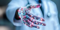 Futuristic glowing digital hand visualization with red and blue network connections showing artificial intelligence and neural pathways in healthcare technology.