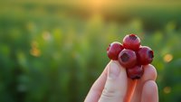 Fresh red cranberries held in cupped hands against blurred green nature background with warm sunlight for healthy eating and organic food concepts.