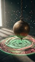 Ancient bronze pendulum swinging over glowing mystical circle with sacred symbols and magical runes creating supernatural divination atmosphere.