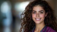 Young Mediterranean woman with curly dark hair and bright smile wearing purple medical scrubs against blurred background. Healthcare professional portrait.