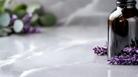 Brown glass bottle with fresh lavender flowers on light textile background, aromatherapy and natural wellness concept for spa, beauty and health products.