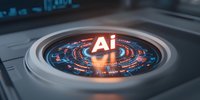 Futuristic glowing AI symbol with circular digital interface in blue and orange neon colors on dark technological surface, representing artificial intelligence advancement.