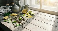 Herbal tea preparation scene with loose leaves, fresh mint, lemon slices and ceramic teapots on rustic wooden table by sunny window for wellness lifestyle.