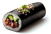 Fresh sushi roll with salmon, cucumber, rice wrapped in nori seaweed, topped with sesame seeds and green onion on white background, macro food photography.
