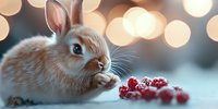 Adorable fluffy bunny with blue eyes sniffing red currants against blurred bokeh lights background, creating magical winter holiday atmosphere.