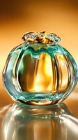 Elegant glass perfume bottle with turquoise and golden hues on reflective surface against warm background, capturing luxury fragrance container with artistic lighting.