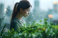 Young Asian woman in profile view against urban sustainability concept with digital green city overlay, perfect for environmental technology and smart city initiatives.