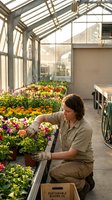 Young female gardener tending colorful flowers in bright greenhouse nursery. Professional horticulturist caring for blooming plants in sustainable garden center.