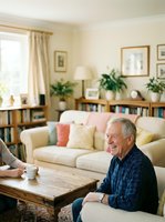 Senior man with gray hair and light skin tone, wearing a blue plaid shirt, smiling during a conversation in a bright, warmly decorated living room with cream furniture, wooden shelving, potted plants, and natural window light.