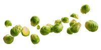 Fresh brussels sprouts flying in air isolated on white background. Perfect for healthy eating, vegetarian cuisine, and food preparation concepts.