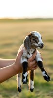 Young goat kid with white and brown markings held in human hands against blurred rural farmland background. Livestock agriculture.