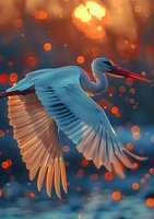 Elegant white heron in flight with outstretched wings against sunset backdrop with golden bokeh lights creating magical atmosphere.