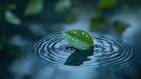 Green leaf with water drops floating on rippled water surface creating concentric circles in dark blue tones, nature macro photography with reflection.