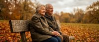 Happy senior Caucasian couple sitting on park bench during golden autumn day surrounded by colorful fall leaves enjoying peaceful retirement moment.