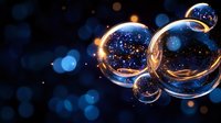 Magical glowing spheres with starry reflections floating on dark blue background with bokeh lights create dreamy cosmic atmosphere.