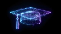 Futuristic neon graduation cap with glowing blue and purple wireframe design on black background for education technology concepts.